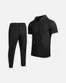 Detail view of men's black waffle knit hooded top and pants two-piece set - S / Top And Bottom / Black