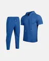 Detailed view of men's blue waffle knit hooded short-sleeve top and trousers set - Sapphire Blue
