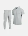 Detailed texture of light gray men's waffle knit short-sleeve hoodie and pants set - S / Top And Bottom / Gray