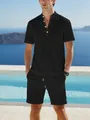 Detail view of men's black cotton linen Henley shirt and casual shorts set - S / Top And Bottom / Black