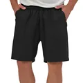 Detail of men's black cotton-linen shorts with elastic drawstring waist and side pockets - S / Bottoms / Black
