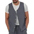 Close-up of men's casual dark grey summer linen vest featuring white button details - S / Tops / Gray