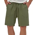 Detailed texture of men's olive green cotton linen shorts with front pockets - S / Bottoms / Army Green