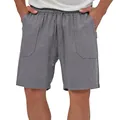 Close-up of grey cotton linen casual shorts with drawstring and patch pockets - S / Bottoms / Gray