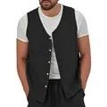 Detailed view of a men's casual black linen vest with buttons for summer style - S / Tops / Black
