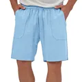Close-up of light blue cotton linen casual shorts for men with drawstring waist - Sky Blue