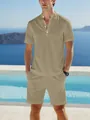 Detail view of khaki linen-texture men's henley shirt and shorts set in pool setting - S / Top And Bottom / Khaki