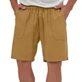 Detail view of men's mustard cotton linen shorts featuring drawstring waist and large pockets. - Earthy Yellow