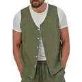 Men's casual olive green sleeveless linen vest featuring white buttons for summer wear - S / Tops / Army Green