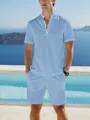 Detailed texture of men's light blue cotton linen short-sleeved Henley shirt set - Light Blue