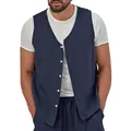 Close-up detail of a men's navy blue linen casual vest with white buttons on model - S / Tops / Navy Blue