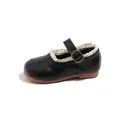 Classic black girls' princess leather shoes featuring elegant white lace trim and soft sole - Black
