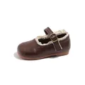 Classic brown girl's princess leather shoes with elegant white lace trim detail - Brown