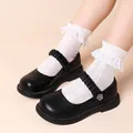 Klassische schwarze Echtleder Mary Jane Schuhe für Mädchen mit dekorativer Blume - Schwarz