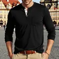 Men's casual long-sleeve Henley shirt in black with chest pocket and contrast placket - M / Tops / Black