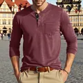 Detail view of a men's maroon long-sleeved Henley t-shirt with front pocket and buttons - M / Tops / Burgundy