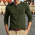Men's olive green long-sleeved Henley t-shirt with pocket in an outdoor urban setting - M / Tops / Army Green