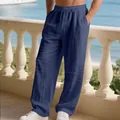 Men's loose navy blue linen trousers with pleats and drawstring waist - S / Bottoms / Navy Blue