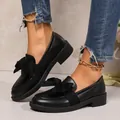 Black vintage bow loafers with thick heels and platform soles for women - Black Matte