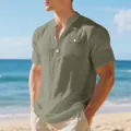 Camisa Henley de lino verde salvia para hombre con bolsillo y cuello mao, estilo playa - Verde Militar