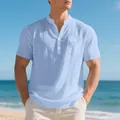 Men's light blue short sleeve linen Henley shirt with chest pocket for summer beach style - Light Blue