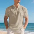Casual men's summer linen-blend Henley shirt with chest pocket shown on a beach - S / Tops / Light Khaki