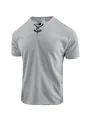 Detailed view of men's grey waffle knit T-shirt featuring a unique lace-up Henley collar - S / Tops / Gray