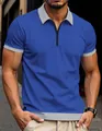 Vue détaillée du polo bleu en maille gaufrée pour homme avec fermeture éclair grise - Bleu saphir