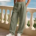Close-up view of men's loose linen straight leg pants in sage green with knee pleats - S / Bottoms / Army Green