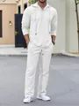 Men's comfortable white linen two-piece casual set featuring hooded long-sleeved shirt - S / Top And Bottom (MMCC) / White