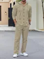 Casual men's khaki linen set featuring a hooded button-down shirt and matching trousers - S / Top And Bottom (MMCC) / Khaki