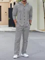 Men's gray casual linen-textured hooded long sleeve shirt and matching trousers set - S / Top And Bottom (MMCC) / Gray