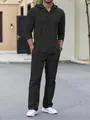 Men's dark grey hooded linen set with long sleeve button shirt and pants - Black