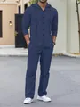 Men's navy blue casual linen set with hooded button-down shirt and drawstring pants. - Navy Blue