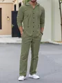 Olive green men's casual hooded tracksuit set featuring textured fabric and long sleeves - Army Green