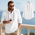 White hooded linen Henley shirt for men shown in coastal lifestyle and hanger views - S / Tops / White