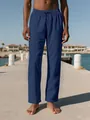 Pantalones de playa para hombre en algodón y lino azul marino con cordón en la cintura - Azul marino