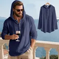 Detailed view of a navy blue linen hooded Henley shirt for men in a beach resort setting - S / Tops / Navy Blue