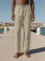 Vista completa de pantalones de playa de lino y algodón beige para hombre con cordón - Caqui