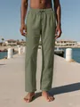 Pantalones de playa de lino verde oliva para hombre con cordón en ambiente marino - Verde Militar
