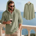 Detail of men's linen hooded Henley long sleeve shirt in olive green for beach wear - Army Green