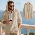Detailed close-up view of men's beige linen hooded long-sleeve Henley shirt for beach - Light Khaki