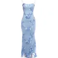 Dettaglio di un abito in mesh azzurro con applicazioni floreali e spalline sottili - Taglia L / Vestiti / Blu