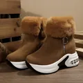 Detail side view of brown platform snow boots with warm faux fur trim and zipper - 35 / Brown