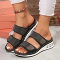 Stylish women's black wedge sandals with rhinestones and comfortable air cushion sole - Black
