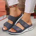 Stylish navy blue platform sandals featuring sparkling rhinestones and an air cushion wedge sole - Navy Blue