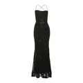 Elegante vestito lungo nero sexy con motivo floreale e schiena scoperta per donna - Taglia M / Vestiti / Nero