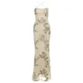 Elegante abito lungo champagne senza schienale con paillettes floreali argentate - Taglia M / Vestiti / Albicocca