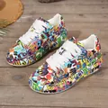 Women's thick sole graffiti sneakers with colorful street art print and white laces - 36 / Painted Letter Print Style (632) / Purple