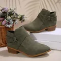 Stilvolle olivgrüne Stiefeletten mit spitzer Kappe, Schnallenriemen und Blockabsatz für Damen - 36 / Armeegrün